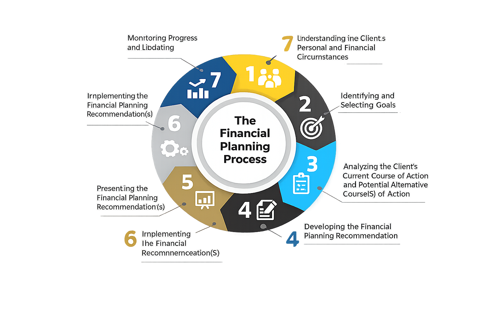 Five-step financial planning process pyramid: understand circumstances, design strategy, present advice, implement recommendations, and continuously review