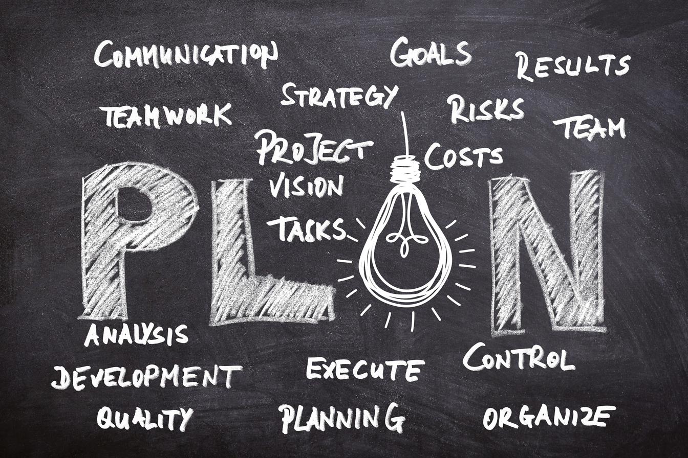 A chalkboard mapping out a plan: goals, strategy, tasks, and results