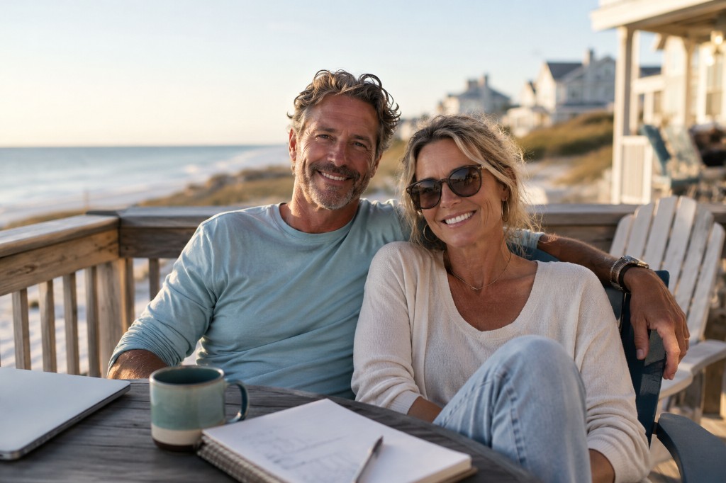 Retired couple enjoying time together on the beach
