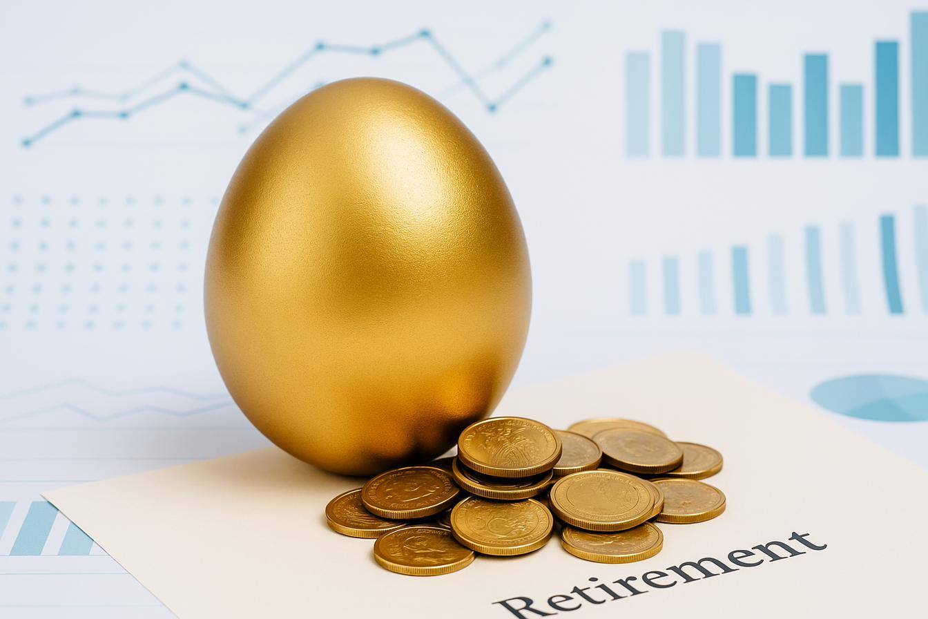 A golden nest egg beside a stack of coins on a retirement report